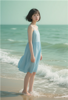 夏日海边蓝色吊带裙美女摄影图片